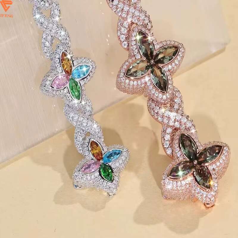 New 15mm Marquise Flower Design Hip Hop Jewelry Iced Out Unisex Moissanite Cuban Link Chain 925 Silver Moissanite Bracelet