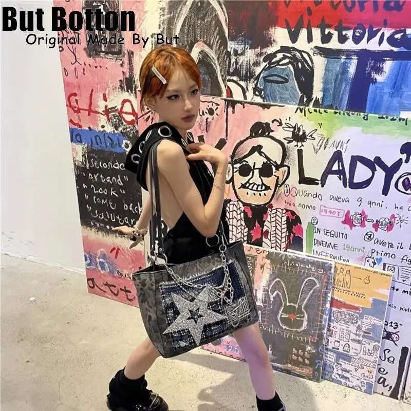 Y2k Punk Large Capacity Handbag Haruku Women Girl One Shoulder Underarm Bag Tote Bg Star Messenger Bags Goth Handbag