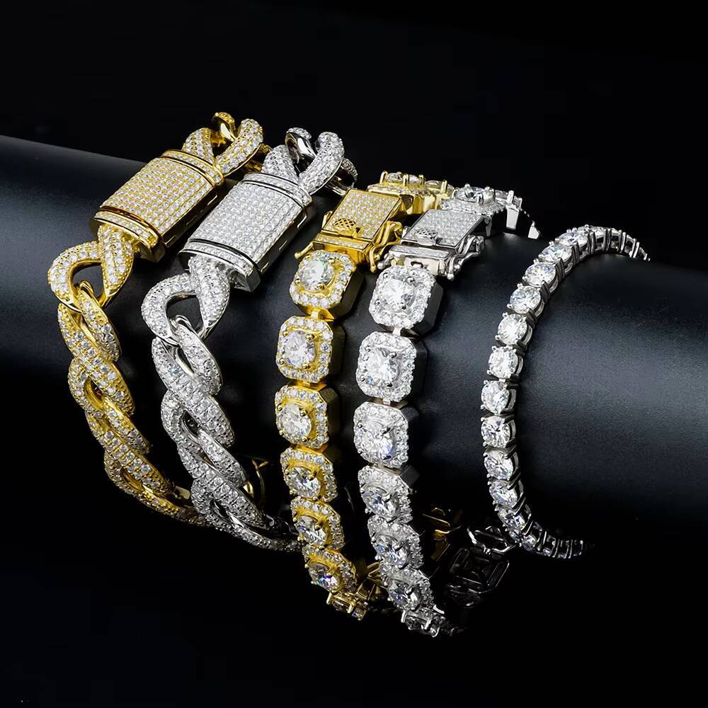 Big Size 4 Styles Iced Out HipHop Jewelry Square Marquise Clustered Moissanite Diamond Tennis Chain Bracelet Necklace Cuban Link