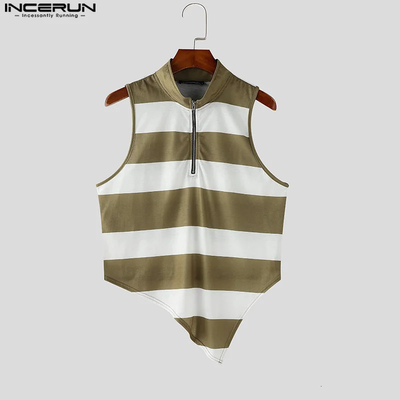 INCERUN Mens Tank Top Sleeveless Striped Three way Irregular Clothing Summer Bracket Collar Zipper 250409
