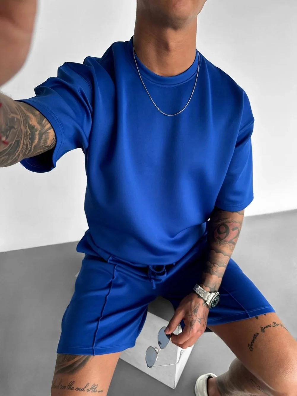 Summer Mens Casual Solid Color Short Sleeve Two Piece Classic Fashion Crewneck Street Sports Set 250409