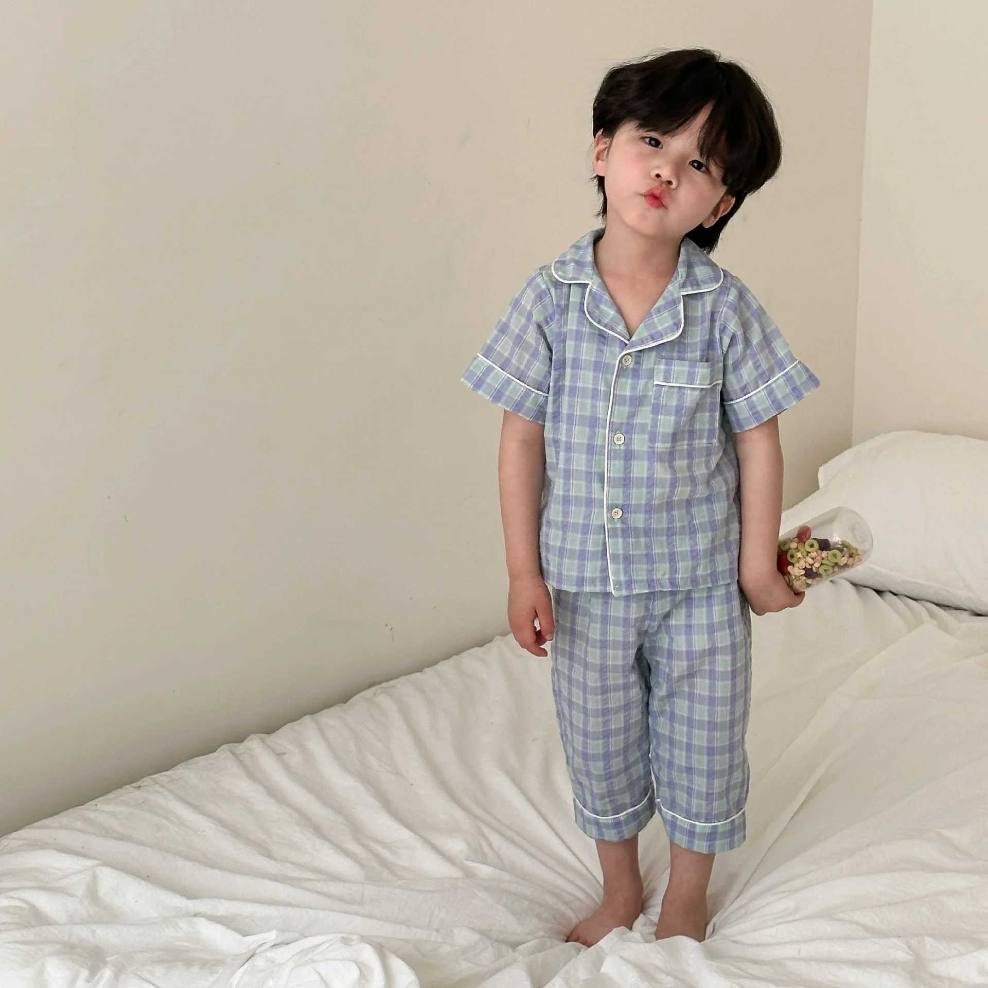 2024 Summer Childrens Plain Knitted Pajama Set for Boys and Girls Baby Thin Cotton Short sleeved Top+Shorts 2-piece Childrens Cotton Pajama Set S2548