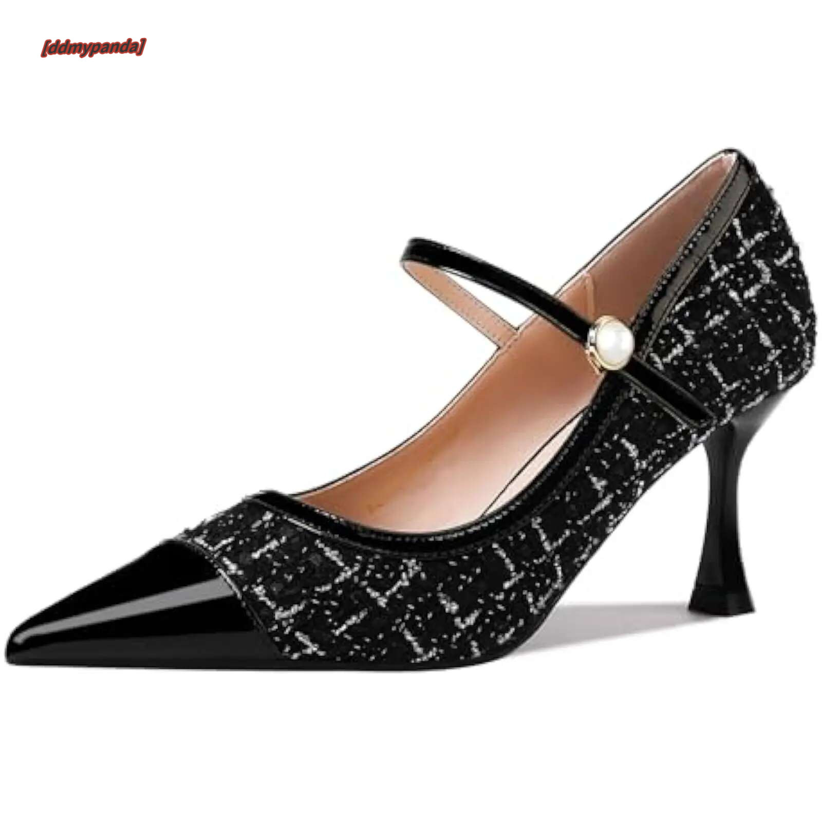 Elegant Women's Kitten Heels: Mary Jane Pumps with Pearl Buckle, Glitter Strap, and Patent Pointed Toe Suitable for Formal Eve ddmypanda
