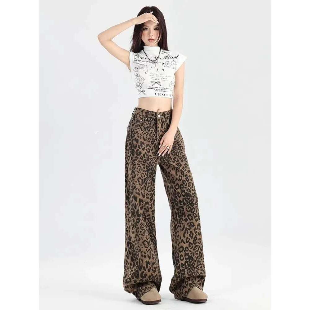 American Style Spicy Girl Leopard Print Wide Jeans With Women's Design Sense, High Waist Retro Loose Straight Leg Mop Pants