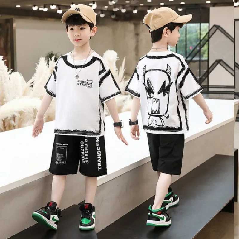 Summer Casual Boys Cotton Contrast Alphabet Graffiti T-shirt+Shorts Set School Childrens Track and Field Clothing Childrens 2PCS Clothing 5-14 Years S
