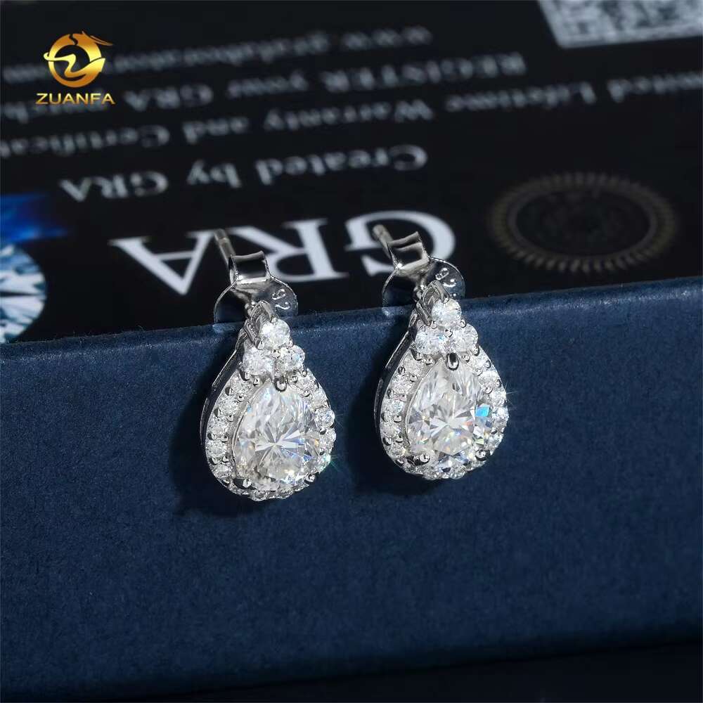 New Arrivals Hip Hop Halo Design Earrings White Gold 925 Silver Drop Pear Shape Moissanite Earring