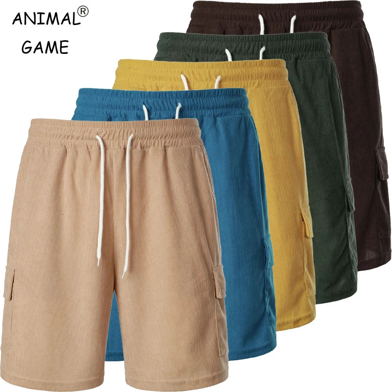 Mens Drawstring Waist Casual Shorts Summer Straight Leg Beach Shorts with Pockets Breathable Corduroy Pants Streetwear 250407