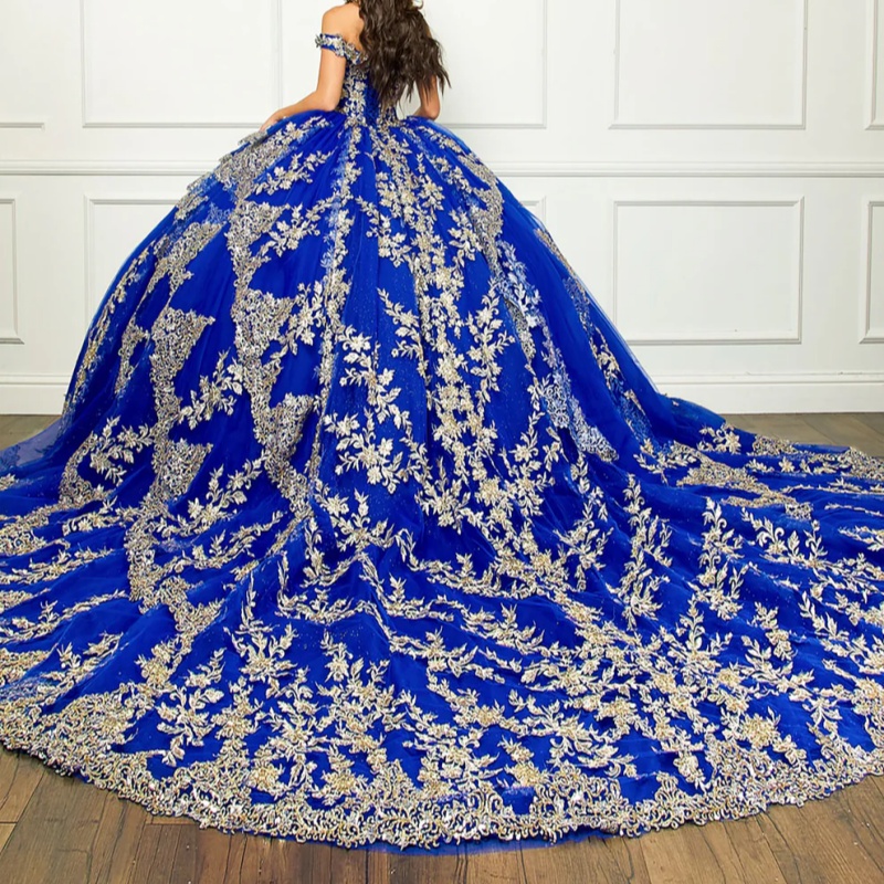 Royal Blue Shiny Princess Quinceanera Dresses Off Shoulder Applique Lace Beads Tull Sweet 16 Dress Ball Gown Vestidos 15 De Anos