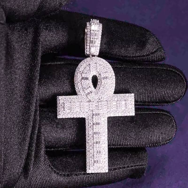 Hip Hop Iced Out Bling 925 Sterling Silver Pass Diamond Tester VVS Moissanite Baguette Ankh Cross Pendant for Men Women