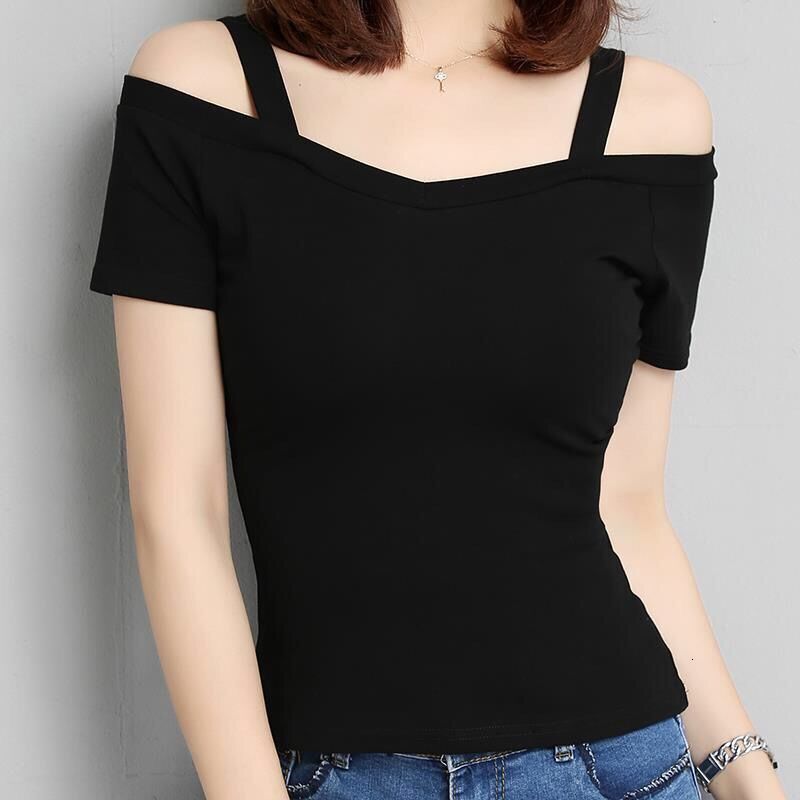 2025S Designer Women S T Shirt Summer New Korean Hanging Strap Short Sleeved T Shirt Women S One Line Neck Off Shoulder Sexy Slim Fit Student Top