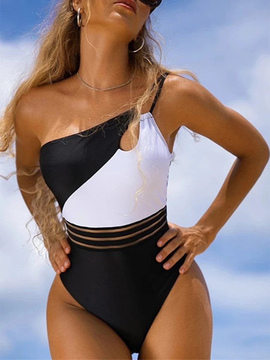 Sexy Hollow Swimsuit Womens Single Shoulder High Waist Apron Beach Wear Summer 250409