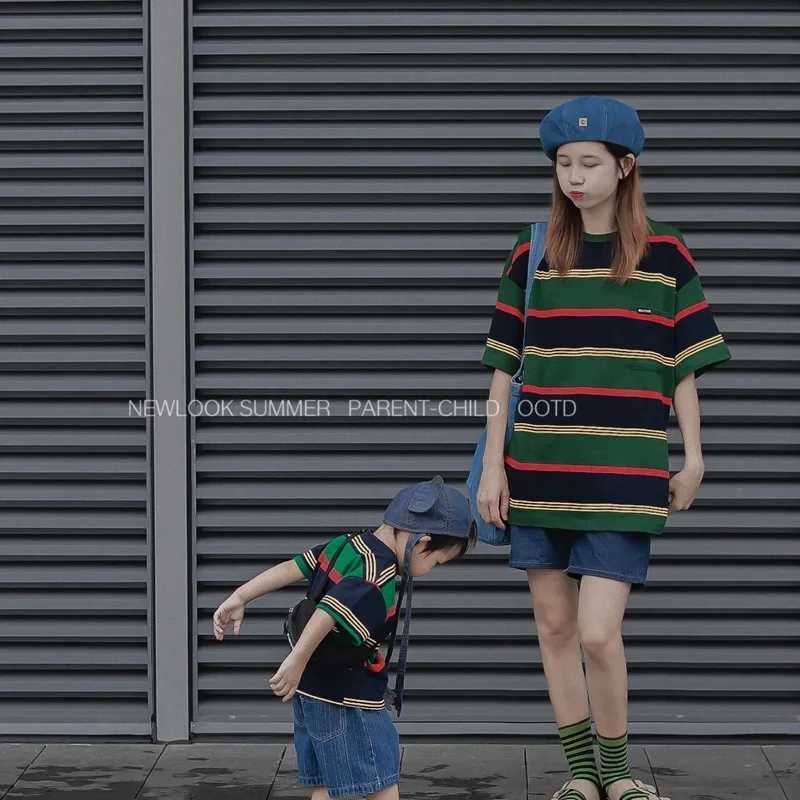 Striped summer short sleeved explosive street mom womens clothing Western style T-shirt for parents and childrens suit S2548