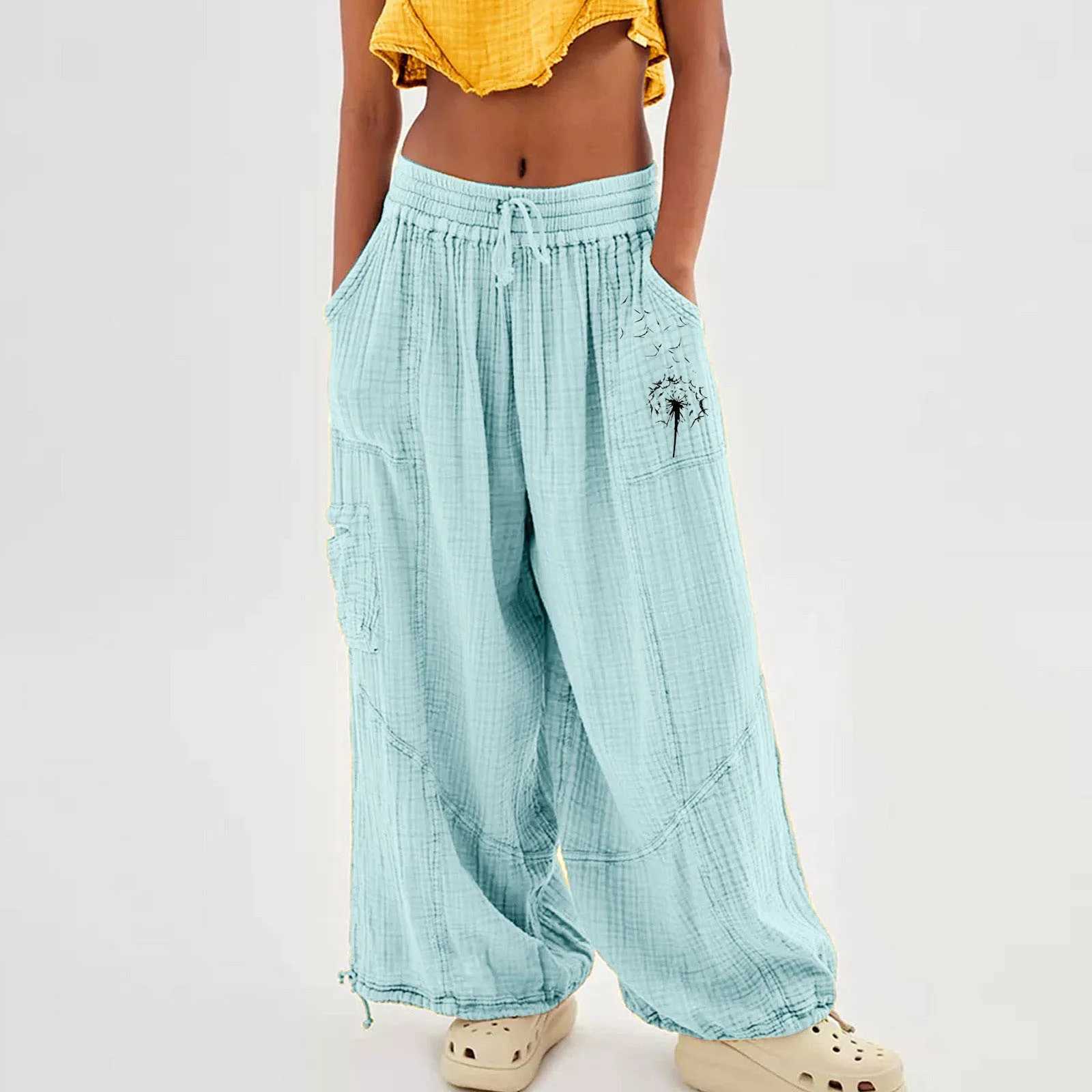 Womens wide leg sports pants elastic harem pants orange gray bottom high waisted Drstring Palazzo loose sports pantsXJ250403