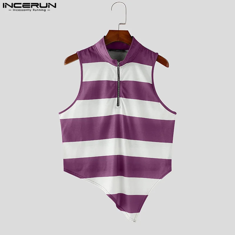 INCERUN Mens Tank Top Sleeveless Striped Three way Irregular Clothing Summer Bracket Collar Zipper 250409