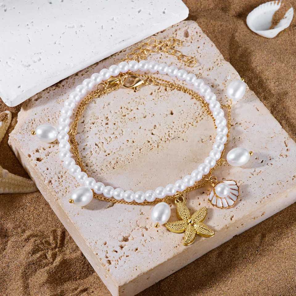 Vintage Gold Color Love Heart Chain Anklet Set for Women Beads Beach Holiday Anklet Bracelet on Foot Jewelry Adjustable Z250408