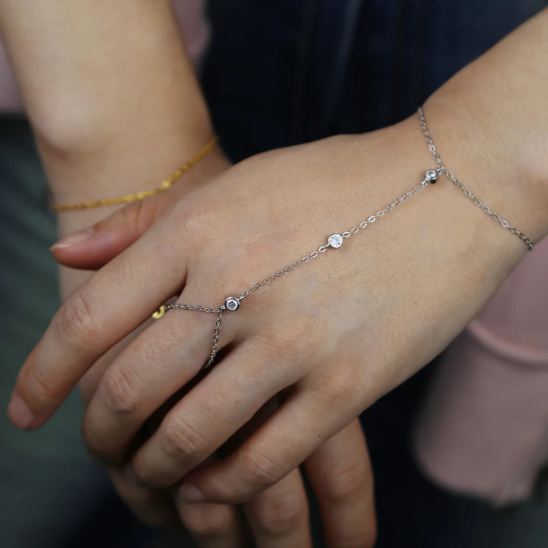 High quality 925 sterling silver gold color micro pave cz station charm chain bracelet with ring fashion wrist jewelry for women 250408