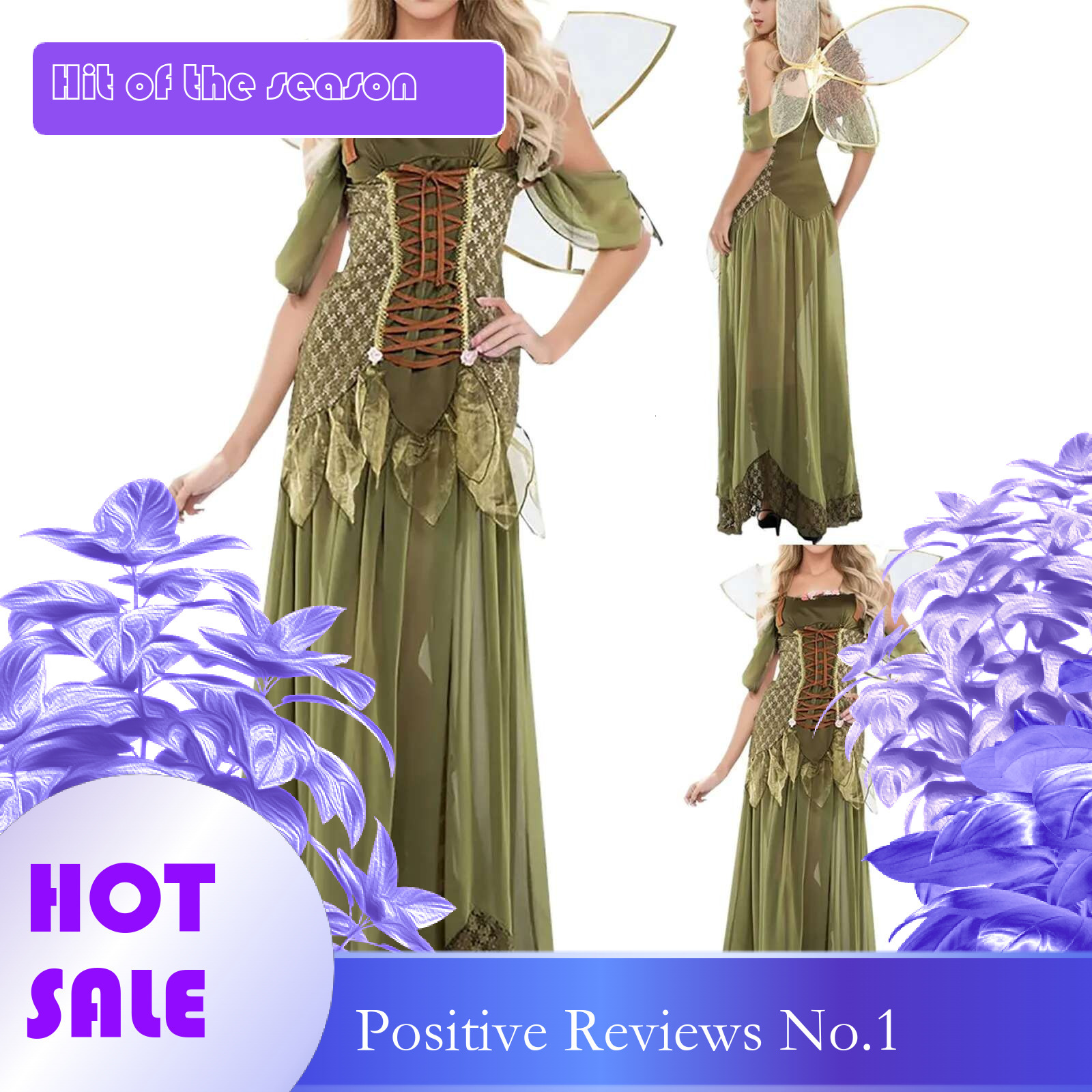 Dongdumaoyi Halloween Cosplay Green Fairy Wing Headwear Costume Set Dresses For Women Elegant Enchanting Short Sleeve Long Dress Vestido