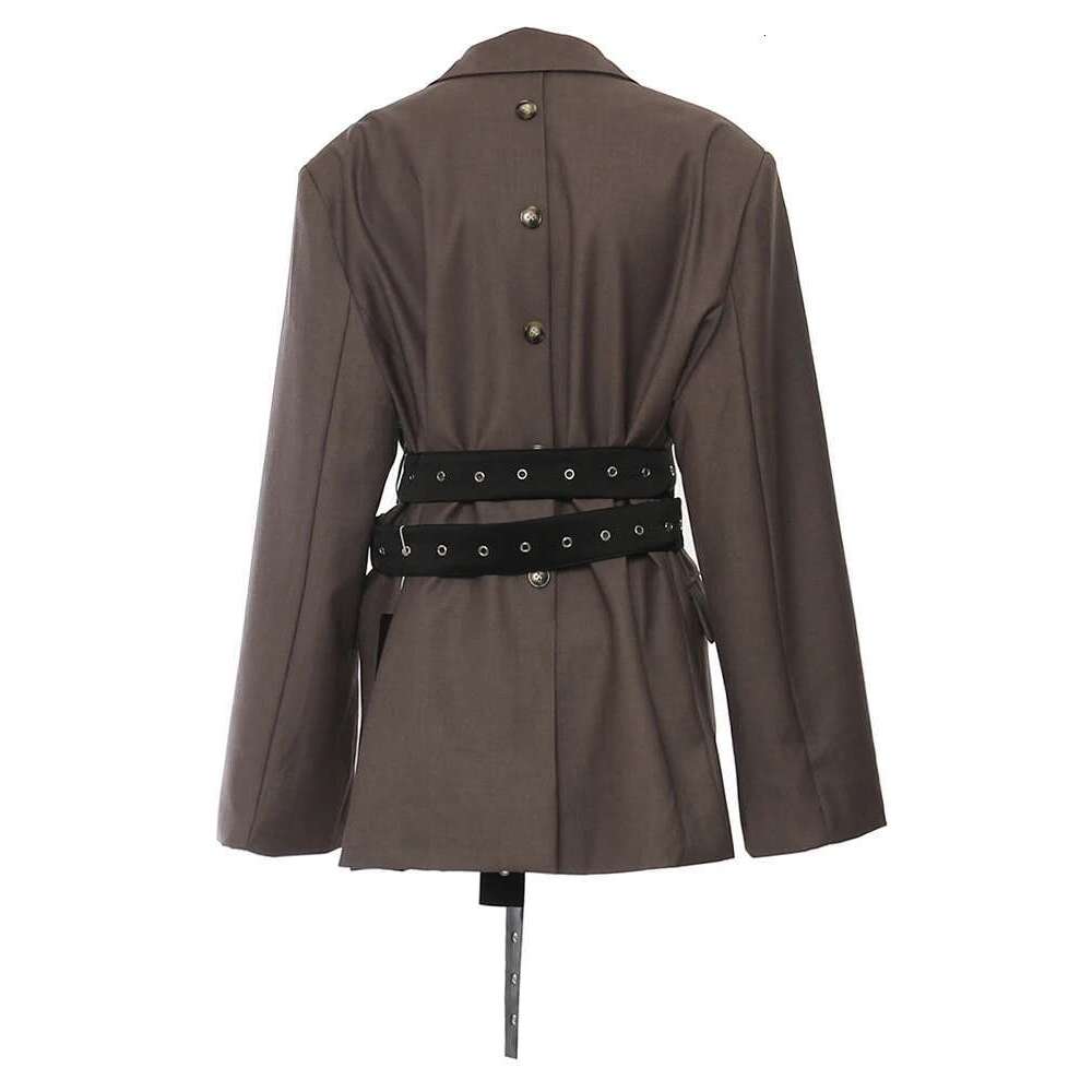 EAM Women Brown Back Button Belted Big Size Elegant Blazer New Lapel Long Sleeve Jacket Fashion Spring Autumn 2025 1Dh7481