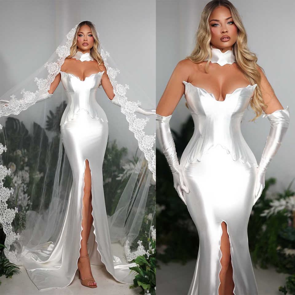 Elegant Satin Mermaid Wedding Dress Pleats Side Split Boho Bridal Gowns Customized Bride Dress With Veil