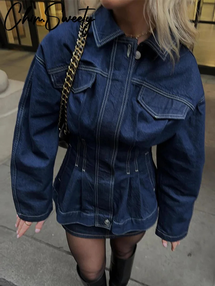 Retro washed denim womens shirt ultrathin lapel full sleeve single chest jacket spring fashion 250409