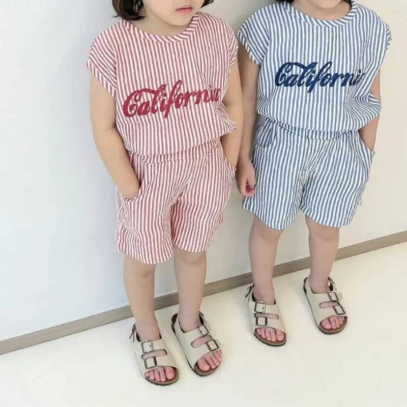 1-6Yrs Baby Boys Striped Summer Track and Field Clothing Childrens Letter Printing Sleeveless Clothing Set Baby 2PCS Korean Summer Fashion Set S2548
