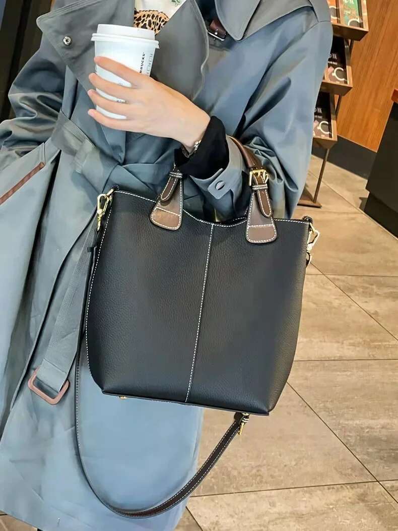 Cowhide Material Women's High-End Handbag Large Capacity Versatile Crossbody Water Bucket Baozi Mother Bag