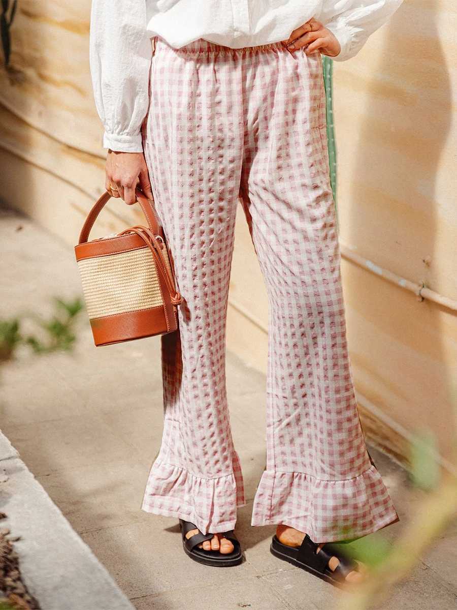 Plaid Print Flare Pants womens pleated leg elastic waistband wide leg loose casual drawstring pantsXJ250403