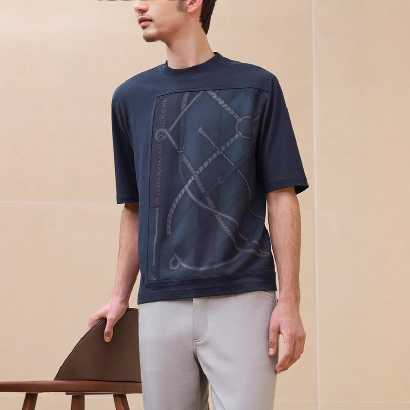 Nan You High-Quality Imitation Silk Combined With Pure Cotton Texture H Home Printed Pattern Round Neck Short Sleeved T-Shirt For Men
