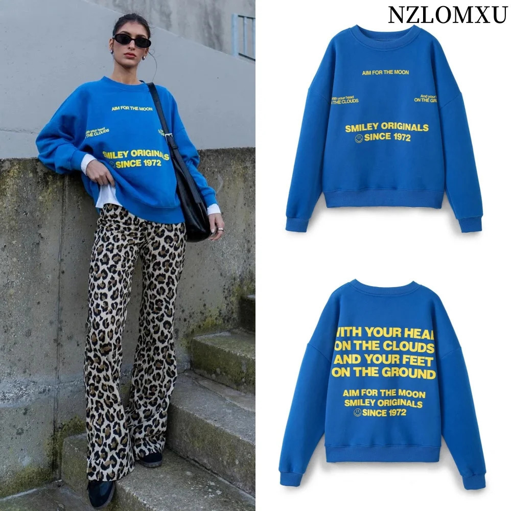 Spring Womens Fashion Sports Pullover Retro Round Neck Loose Long Sleeve Letter Printed Blue Street Clothing 240409