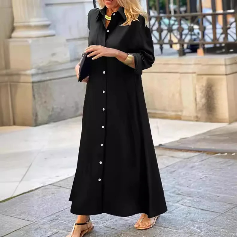 Womens solid color Muslim dress plus size long sleeved prayer cotton linen lapel womens skirt 250409