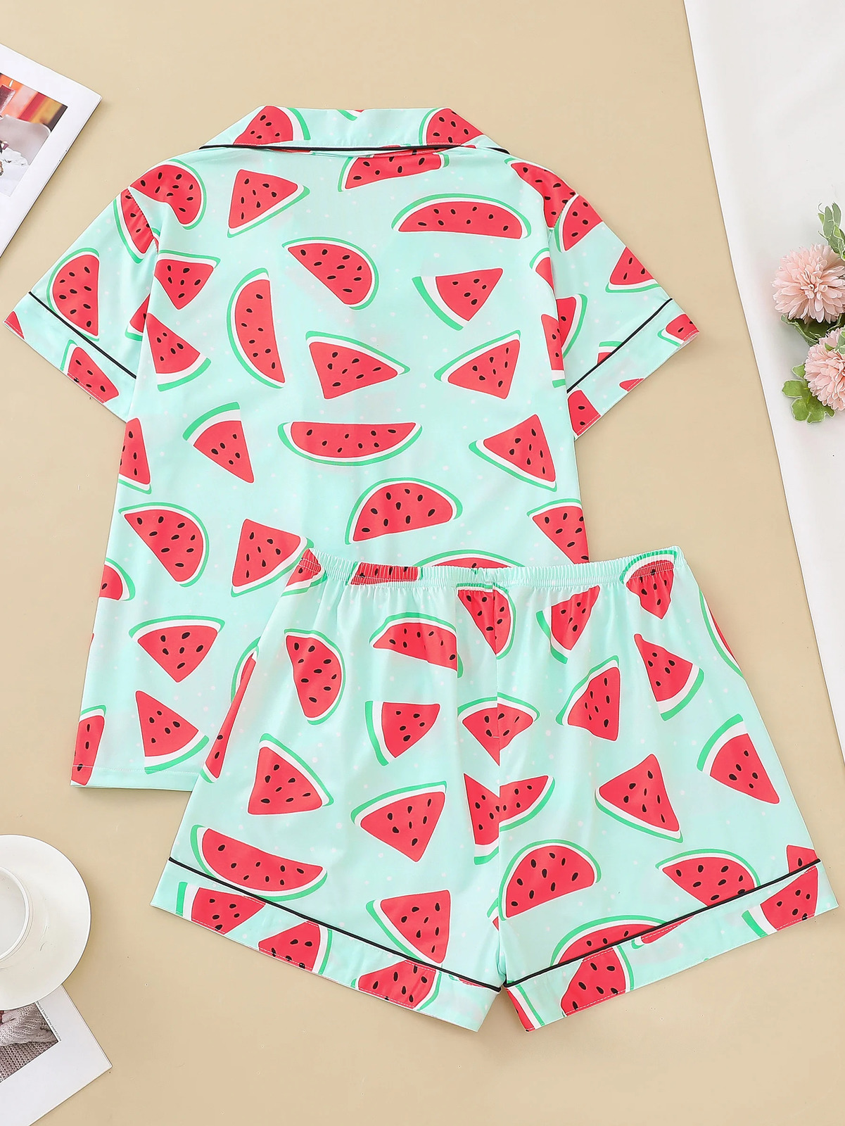 Two piece womens pajama lapel top and trousers watermelon summer casual pajamas 250409