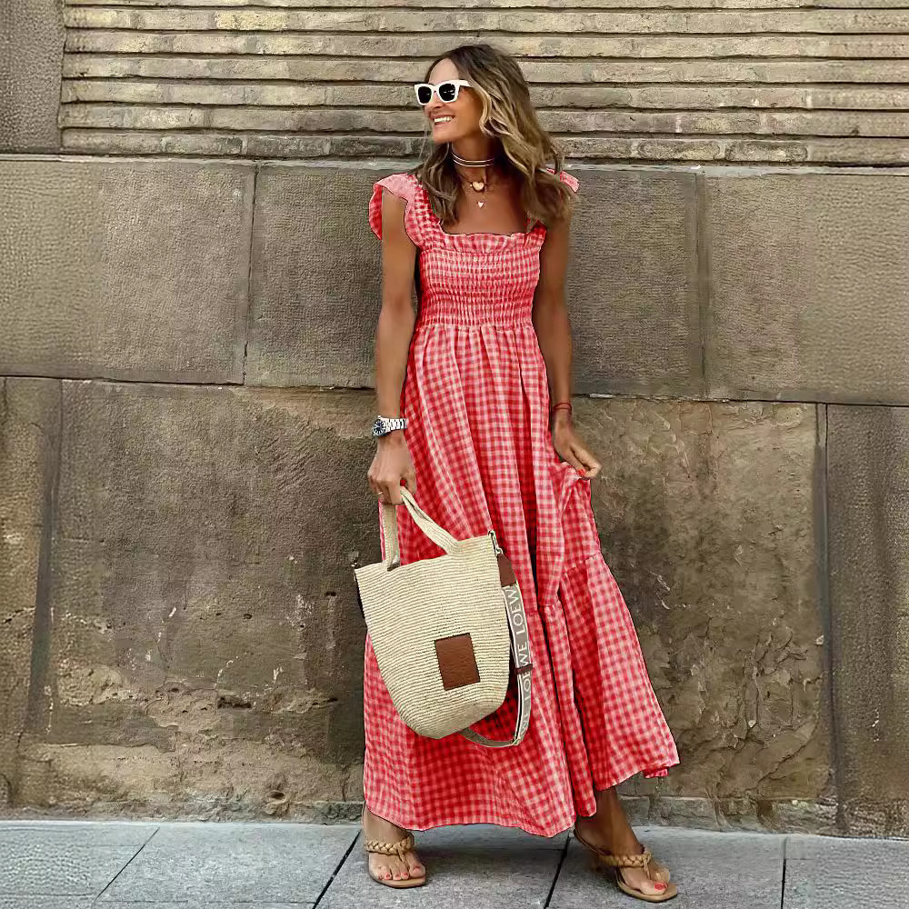 X451Stylish Women's Multi-Color Plaid Suspender Swing Dress with Elastic Waist for Summer Wear