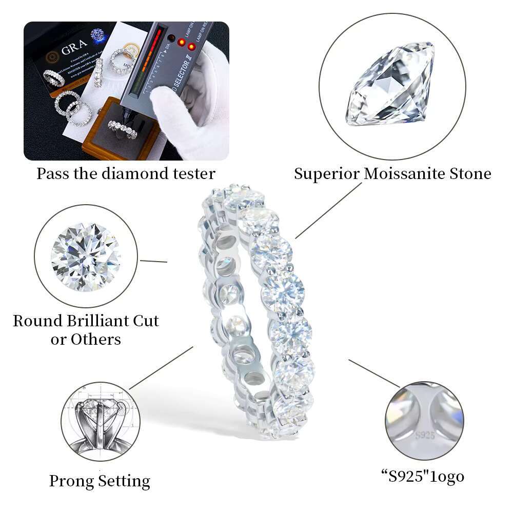 3mm 4mm 5mm 6mm Women Mens Iced Out Full 925 Sterling Silver Eternity Engagement Hip Hop Tennis Vvs Diamond Moissanite Ring