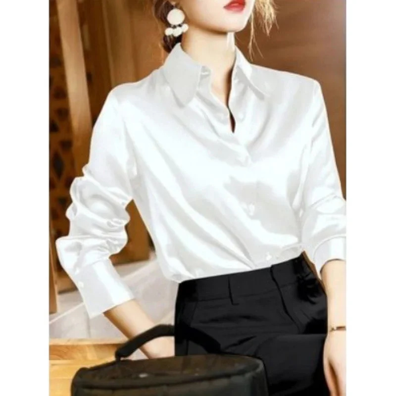 POCZCIY Autumn Fashion Womens Casual Elegant Satin Long Sleeve Shirt Office and Tight Clothing 250409