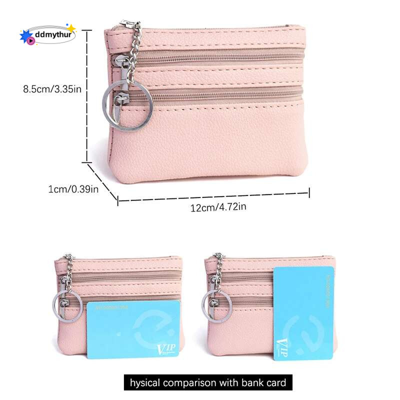 1Pc Various Styles Leather Women's 3 Zippers Coin Wallet Keychain Card Cash Holder Change Purse ddmythur