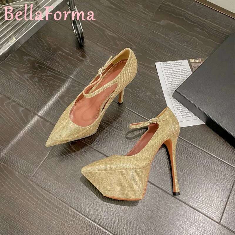 Super Waterproof Platform Women's High Heels Banquet Dress Sexy Catwalk Sheepskin Sequins Satin Matte Pointed Toe Stilettos