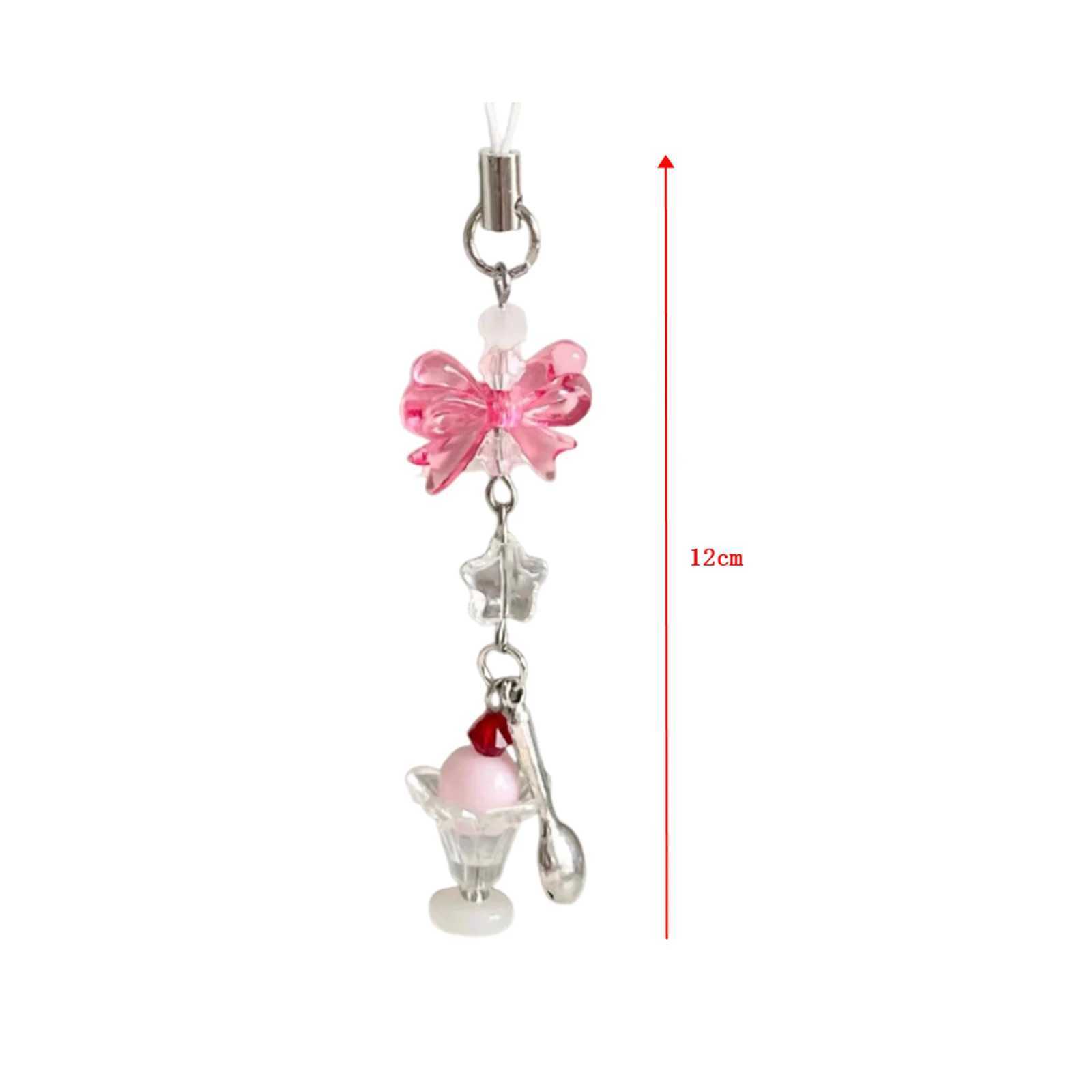 Cute Bow Cream Pendant Phone Chain Charm Beaded Keychain Phone Str Hanging Rope Earphone Pendant Decorative AccessoriesXJ250409