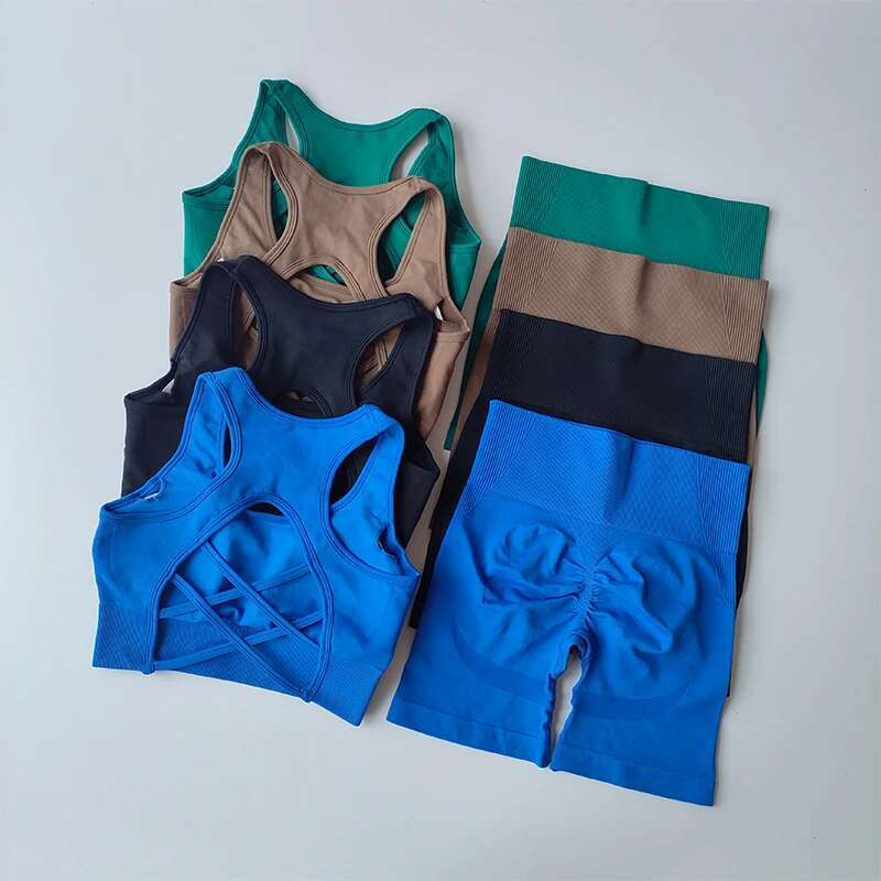 High Waist Hip Lifting Fiess Set for Women with Beautiful Back Sport Bra Yoga Dress Tight Training and Sports Shorts Suit