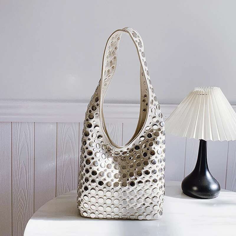 New Genuine Leather Bucket Fashionabl Personality Trendy Cool Polka Dot Rivet Casual Brand Underarm Bag Handbag