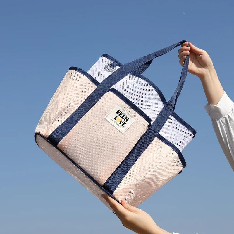 Womens transparent mesh shoulder bag fashionable and portable shopping beach handbag 250408