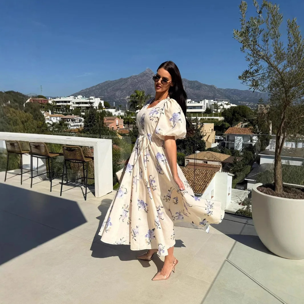 Elegant floral print bohemian dress sexy deep Vneck lace long womens casual puff sleeves high waisted party 250409