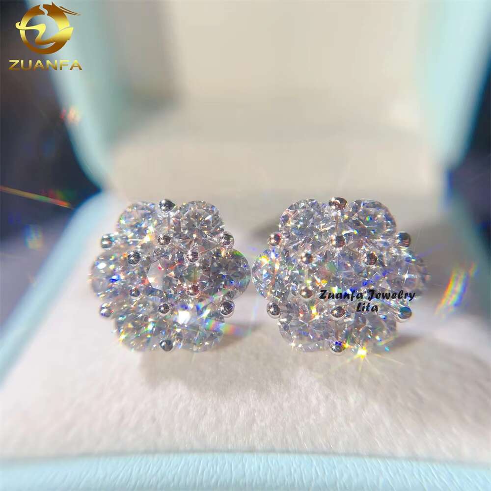 Fashion Jewelry Bling Hip Hop 15mm 925 Sterling Silver Luxury Moissanite Flower Earrings