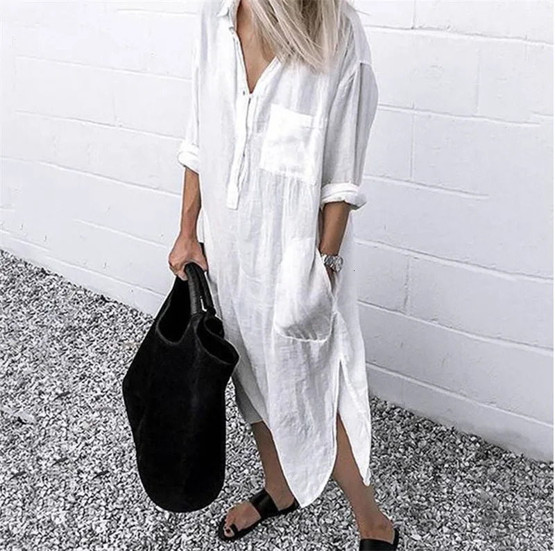 Cotton and linen womens long skirt for spring summer casual sleeved dress oversized clothing Y2K Vestido robe 250409