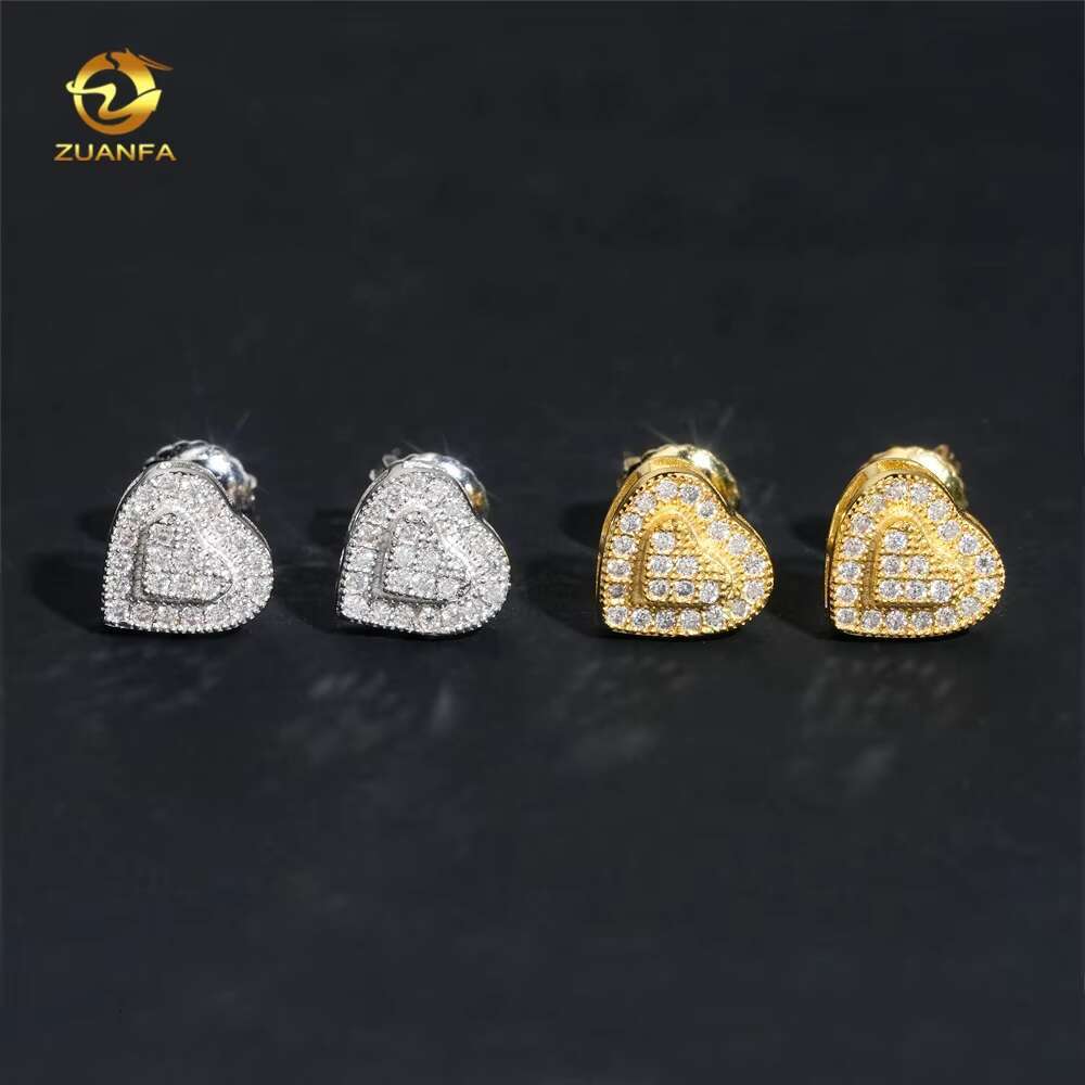 Hip Hop Style Heart Stud Iced Out GRA Certified Moissanite Diamond 925 Sterling Silver Earrings