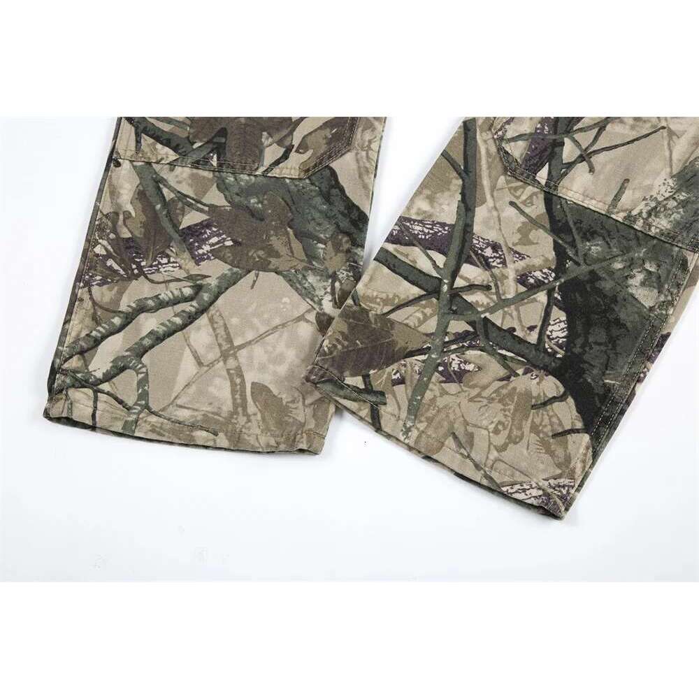 Streetwear Camouflage Print Flared Casual Mens Multi-Pocket Spliced Carpenter Pants Men Trousers