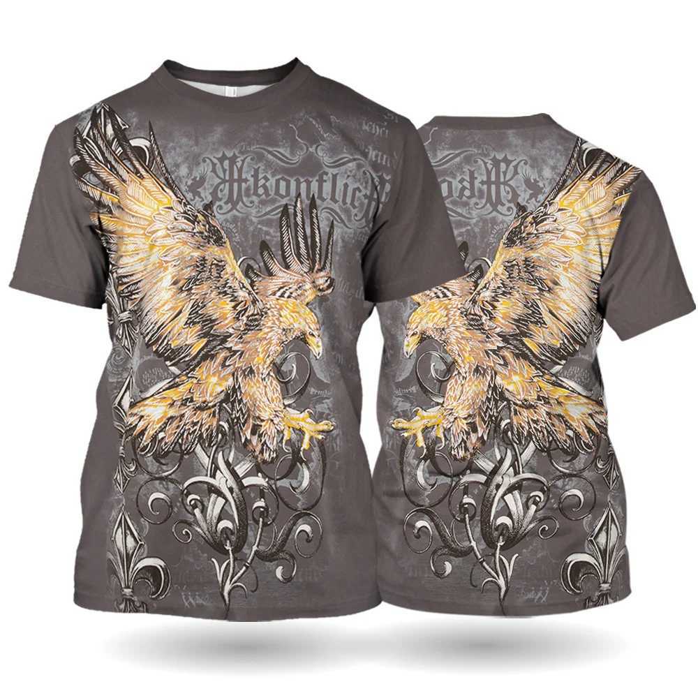 Retro T-shirt 3D Eagle Pattern Street Clothing Short Sleeve Harajuku Casual Loose Triple Zipper Y2k Top Oversized ClothingXJ250409