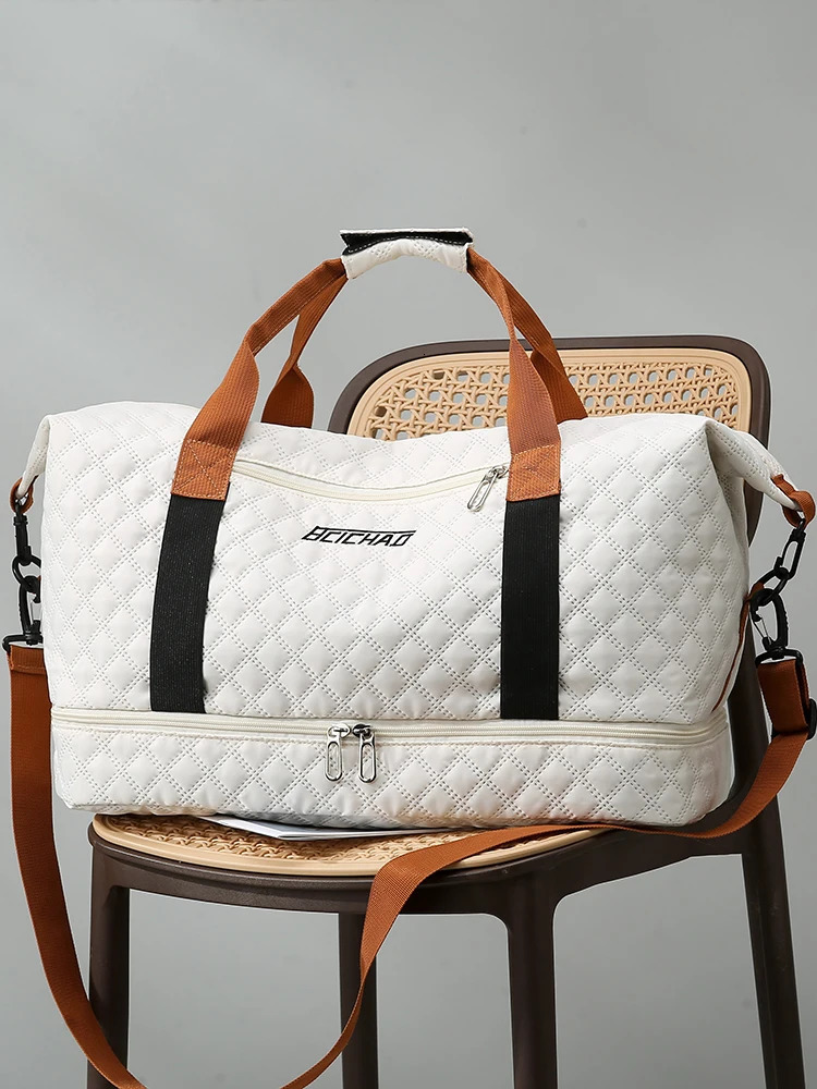 Nylon travel luggage bag with shoe accessories large capacity Argyle pattern casual weekend storage for overnight gym use 250408