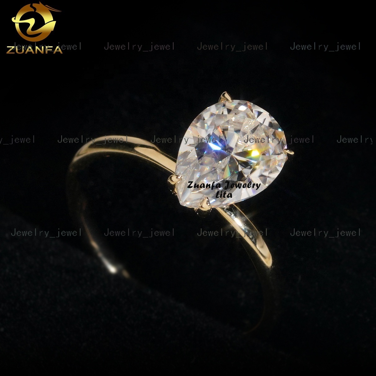 Fashion Jewelry 14k Solid Gold Engagement Wedding Rings Pear Cut 2ct Prong Setting Moissanite Ring for Women