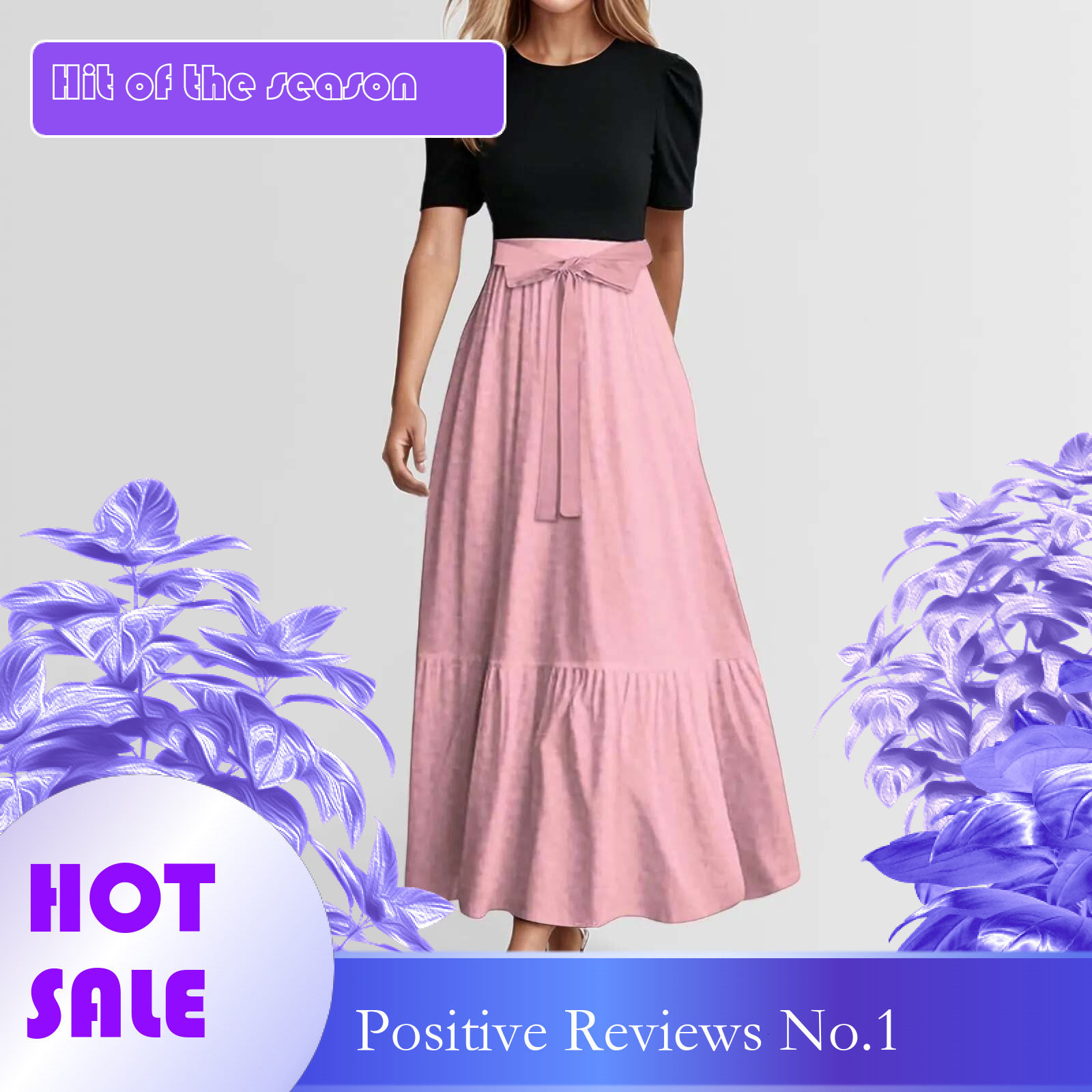 Dongdumaoyi Women S Fashion Casual Belted Short Sleeve Round Neck Geometric Splicing Elegant Spring Summer Temperament Fashionable Dresses