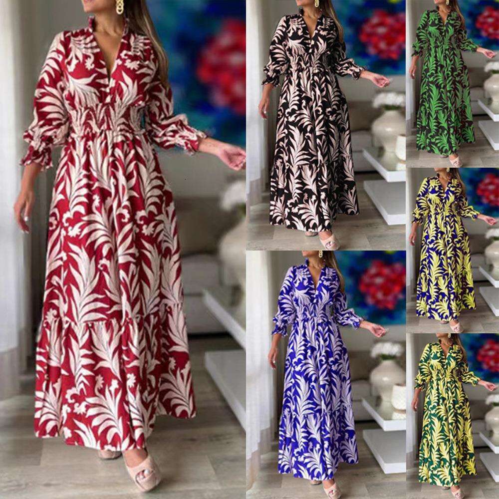 2025 Autumn Winter New from Waist-Cinching Pullover Bohemian Print Long Sleeve Flared Dress